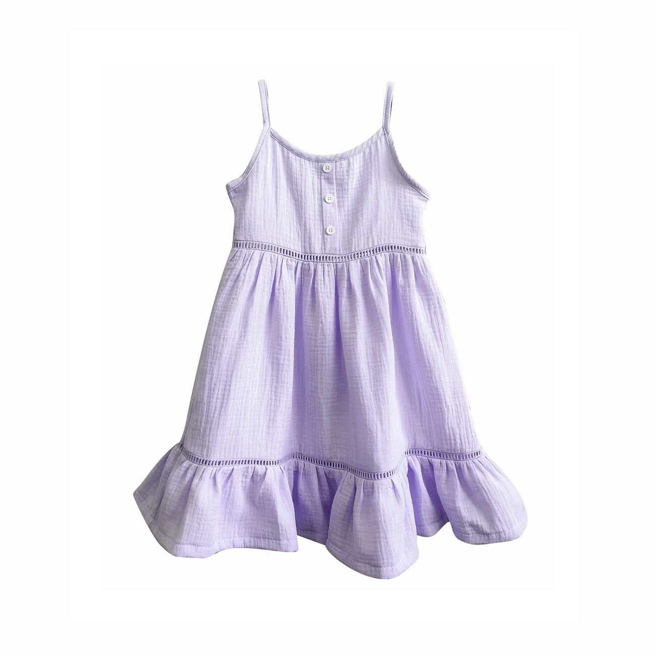 Girls Strap Lace Dress Sleeveless Crinkle Gauze Flared Kids Muslin Cotton Tiered Midi Dress - Image 3