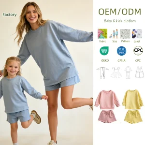 Custom Parent-child Outfit 100% Cotton Fleece Parent-Child Matching Set Oversized Long Sleeve Top and Shorts Family Loungewear