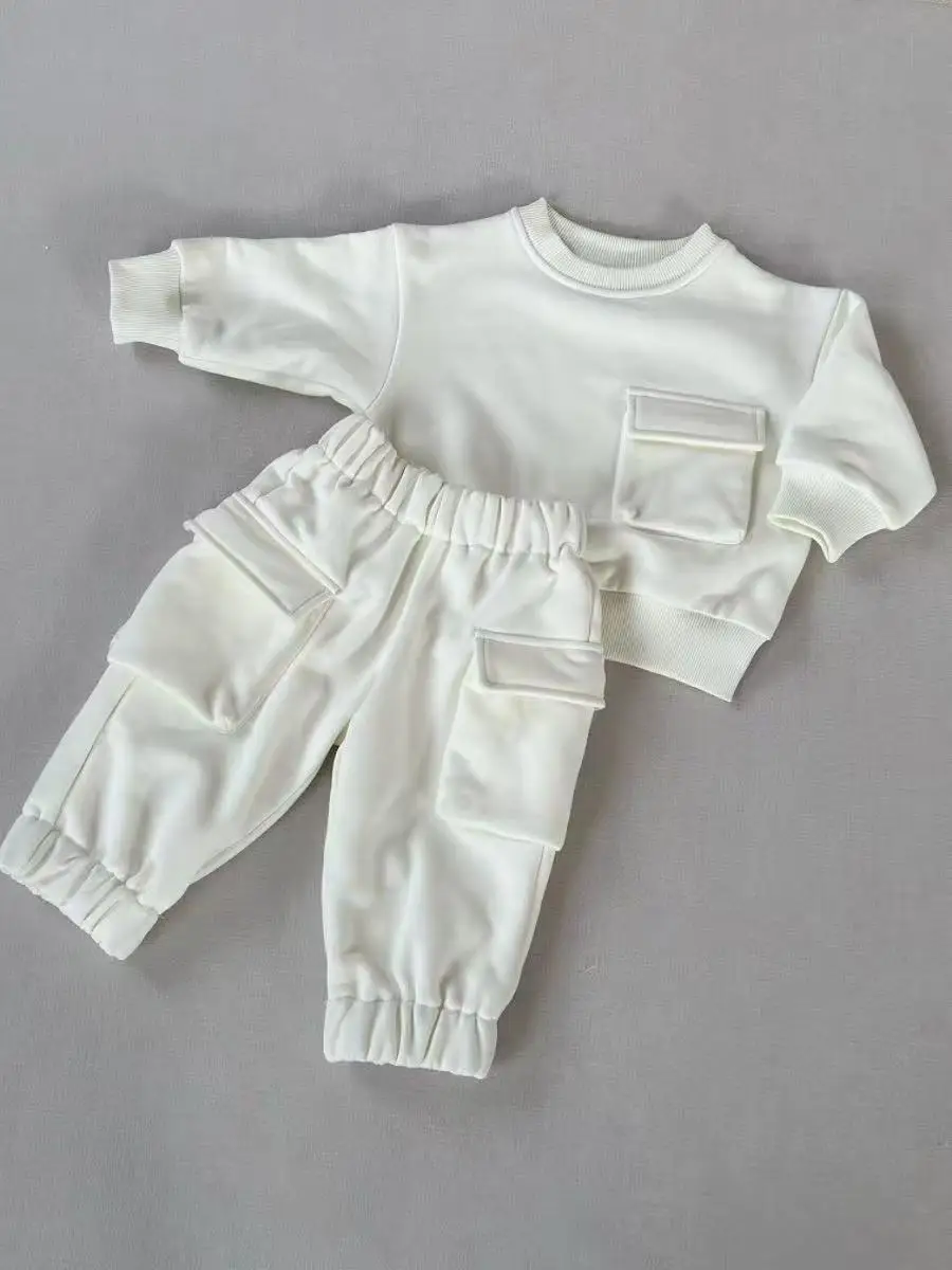 Basic Fall Winter Oversize Unisex Baby Toddler French Terry Tracksuit Pockets Sets 2 Pcs Jogger Sets Kids Clothes Set - Image 3