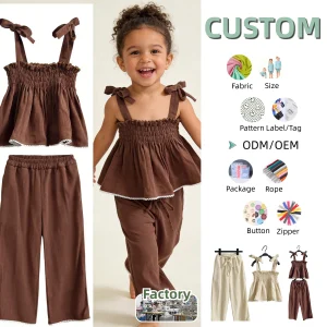 Girl's Outfit Two-Piece Girls' Summer Set Baby Wholesale Clothing for Girls 0-8T Kids Clothes Set Cotton and Linen with Lace