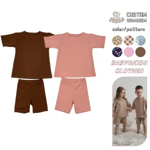 Custom Logo Casual Loose T-shirt and Shorts Summer Sui Knitted 2 Piece Kids Girls Boys Clothing Sets