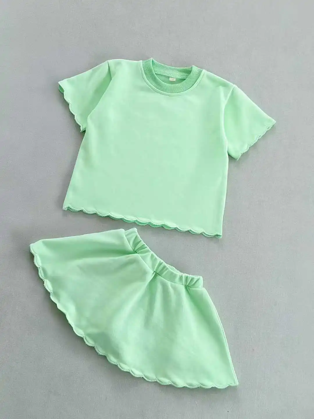 Top Selling Unisex Kids Candy Color Solid French Terry Scallop Sweatshirt Casual 2 Pcs Skirt Set for Baby Kids Kids Clothes Set - Image 3