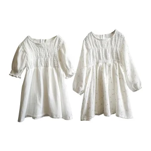 Hot Sales Summer Crape Cotton Dress Longc Sleeve Baby Girls Dress Solid Knee Length Skirt for Girls