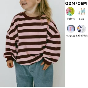 Burgundy Light pink Stripe Crewneck Drop Shoulder Oversized Unisex Kids Boys Girls Sweatrshirt Pullover Baby Tops