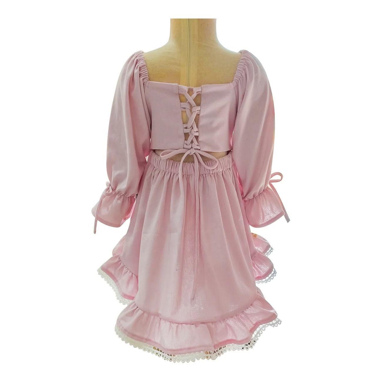 Custom Baby Girl Linen Cotton Blend Long Sleeve Lace Ruffle Back Tie String Princess Birthday Gift Dress - Image 4