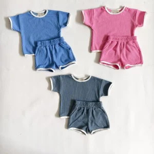 100% Cotton Custom Waffle Summer Baby Toddler Kids Short Casual Solid 2pcs Baby Clothing