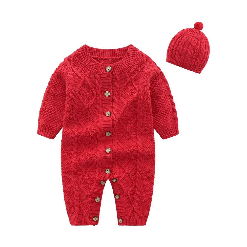 Hot Sale Wholesale Baby Onesie Solid Color Front Snap Knit Onesie Hairball Hats Cotton Thread Baby Romper - Image 3