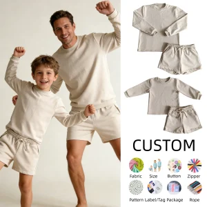 Customized Mommy and Me 100% Cotton French Terry Solid Color Long Sleeve Sweatshirt and Loose Sweat Shorts 2 Piece Outfits Sets