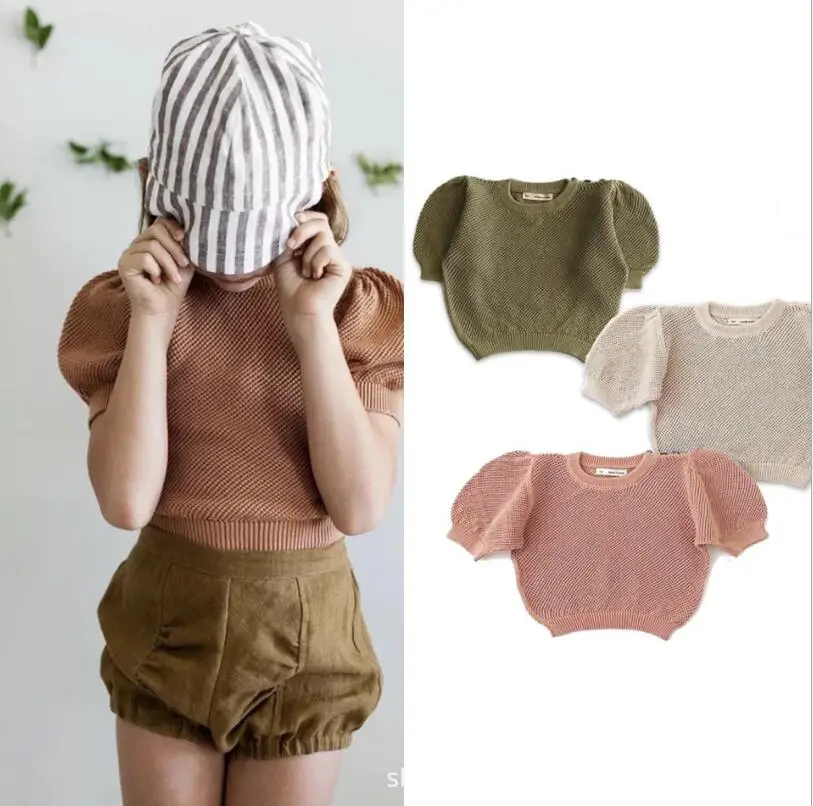 2024 New Summer Knitting Solid Color Puff Sleeve Shirt Toddler Girls Boutique Outfits T-shirt - Image 5