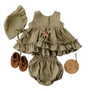 Girls Dress Summer Cotton Linen Girl Baby Vest Skirt Ruffled Petticoat Princess Dress Explosion Baby 2pcs Outfit