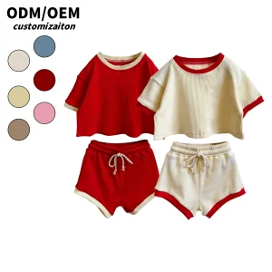 Custom Casual Soft Solid  Logo Private Label Rib Cotton Waffle Short Sleeve T-Shirt Shorts Kids Summer Set