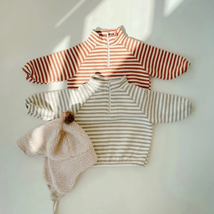 Fashion Autumn Stripe Terry Toddler Shirt Half Zip Pullover Sweatshirt Long Sleeve Tops - Image 2