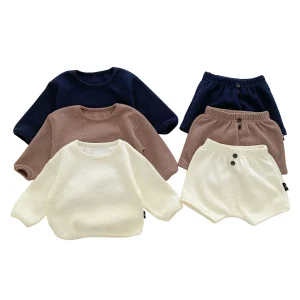 Ins Baby Long Sleeve Waffle Clothes Swoop Bottom Pullover Top Shorts Kids Casual Outwear