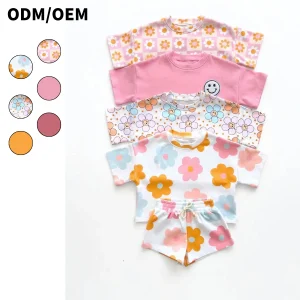 OEM Summer Kids Girl Flower Print Soft Breathable Shorts Set 95% Cotton 5% Spandex Oversized Style Toddler Clothing