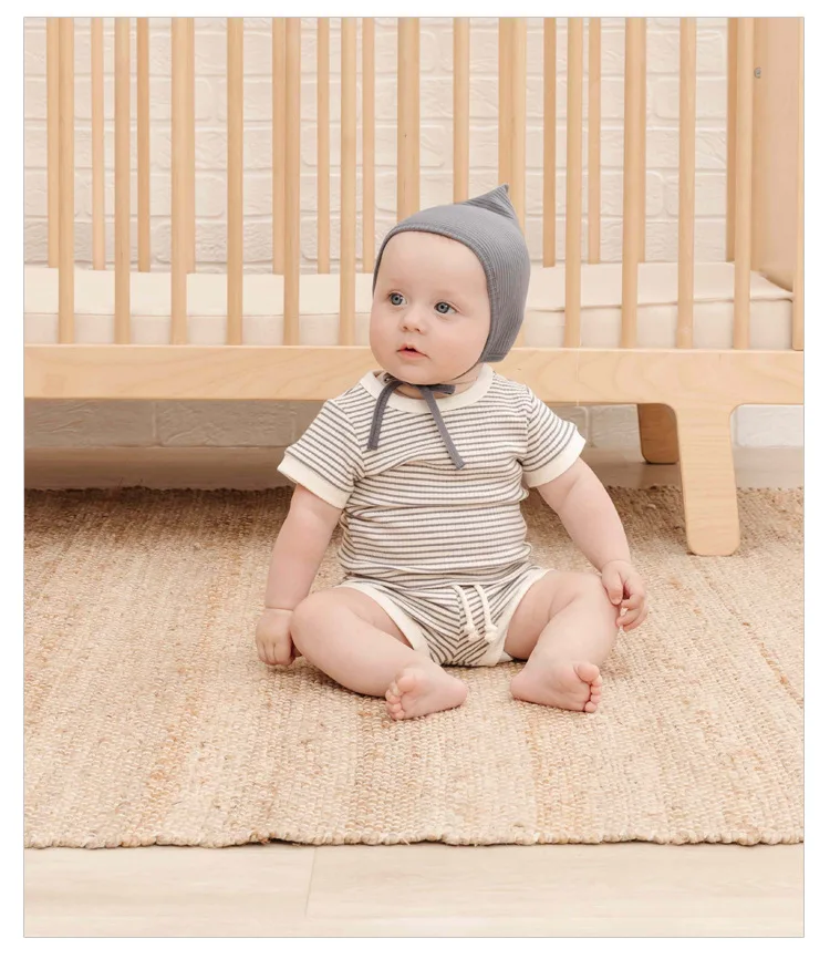 Custom Summer Infant Baby Stripe Ribbed Short Sleeve Shirt Match Drawstring Shorts Casual Tracksuits Kids Clothes Set - Image 6