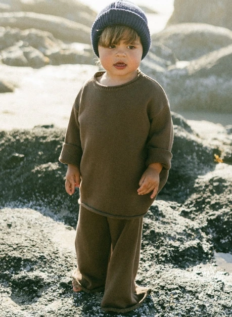 Cozy Unisex Kids 100% Cotton Oversize Knitted Outwear Set 2pcs Pullover Wide Leg Pants Casual Style - Image 5