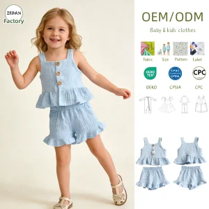 Summer Short Girl's Crepe Set Girl's Outfit Two-Piece Strap Top and Shorts Suits Clothing for Girls 0-8T Breathable Material