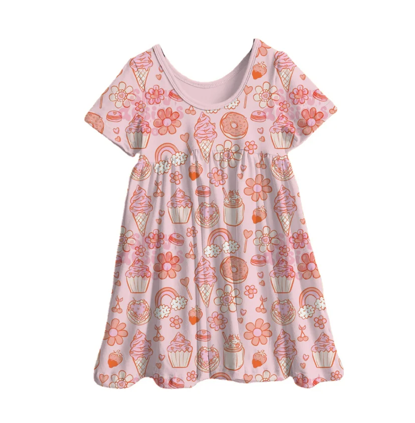 Summer Fruit Ice Cream Bamboo Print Baby Girls Dress Back to School Pattern Casual Short Sleeve Kids Dresses - Image 5