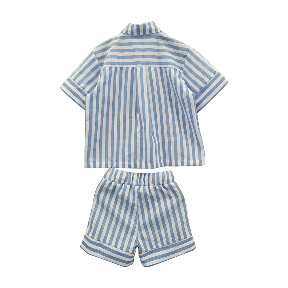 2024 Custom Summer 100%cotton Striped Baby Toddler Clothes Set Short Sleeve Shirt with Pants Set - Image 4