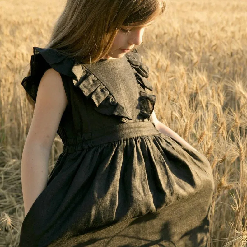 2021Boutique Baby Girl Skirt Flutter Sleeveless 100% Cotton Linen Dress Fashion Pleated Princess Dress with Back Button - Image 4