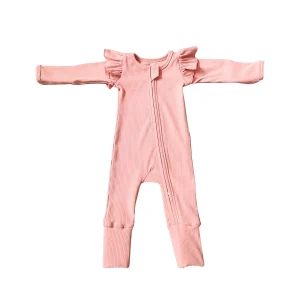 Infant Ruffle Romper Spring Toddler Long Sleeve Ribbed One-piece Baby Girls Cotton Zip Pajamas