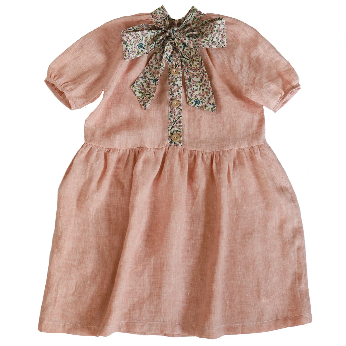 Fashion Toddler Girl Vintage Linen Floral Dress Baby Girls French Style Puff Sleeve Tunic Dress - Image 2
