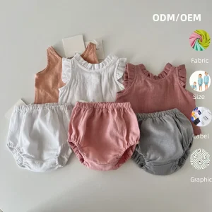 Cute Unisex Baby Toddler Cotton Linen Sleeveless Top and Bloomer 2 Pieces Button Set Baby Summer Clothes