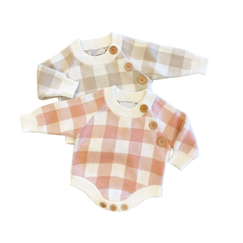 Custom Knitted Baby Romper Long Sleeve Gingham Cute Sweater Romper Outfit