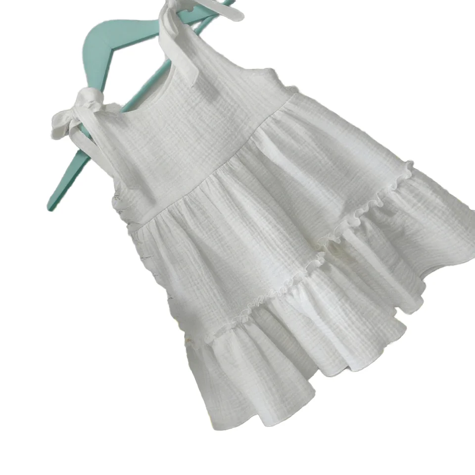 Custom Baby Girl Soft Muslin Ruffle Dress Summer Knot Shoulder Cute Dress
