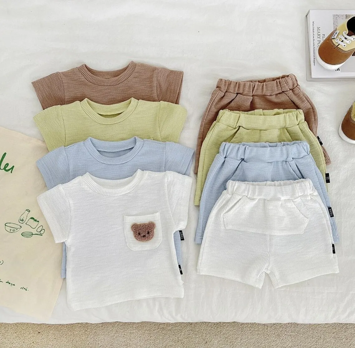 Boys Teddy Pocket Outfit Short-sleeved T-shirts and Bottoms Set Children Ribbed Cotton Baby Clothes - Image 2
