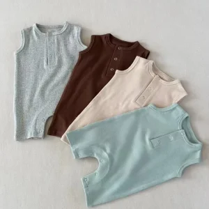 Summer Kids Unisex Boys Girls Sleeveless Vest Ribbed Cotton Solid Color Soft Jumpsuit Romper