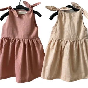 Custom Solid Kids Toddler Summer Girl Dress Linen Cotton Shoulder Tie Beach Style Dress Baby Girl Dress
