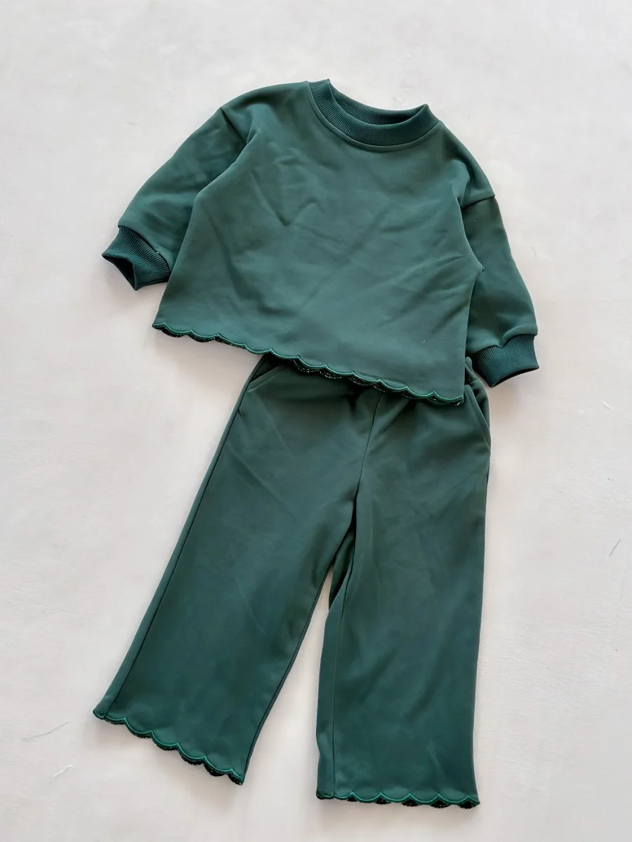 Top Selling Unisex Kids Long Sleeve Solid French Terry Scallop Sweatshirt Casual 2 Pcs Set for Baby Kids - Image 2