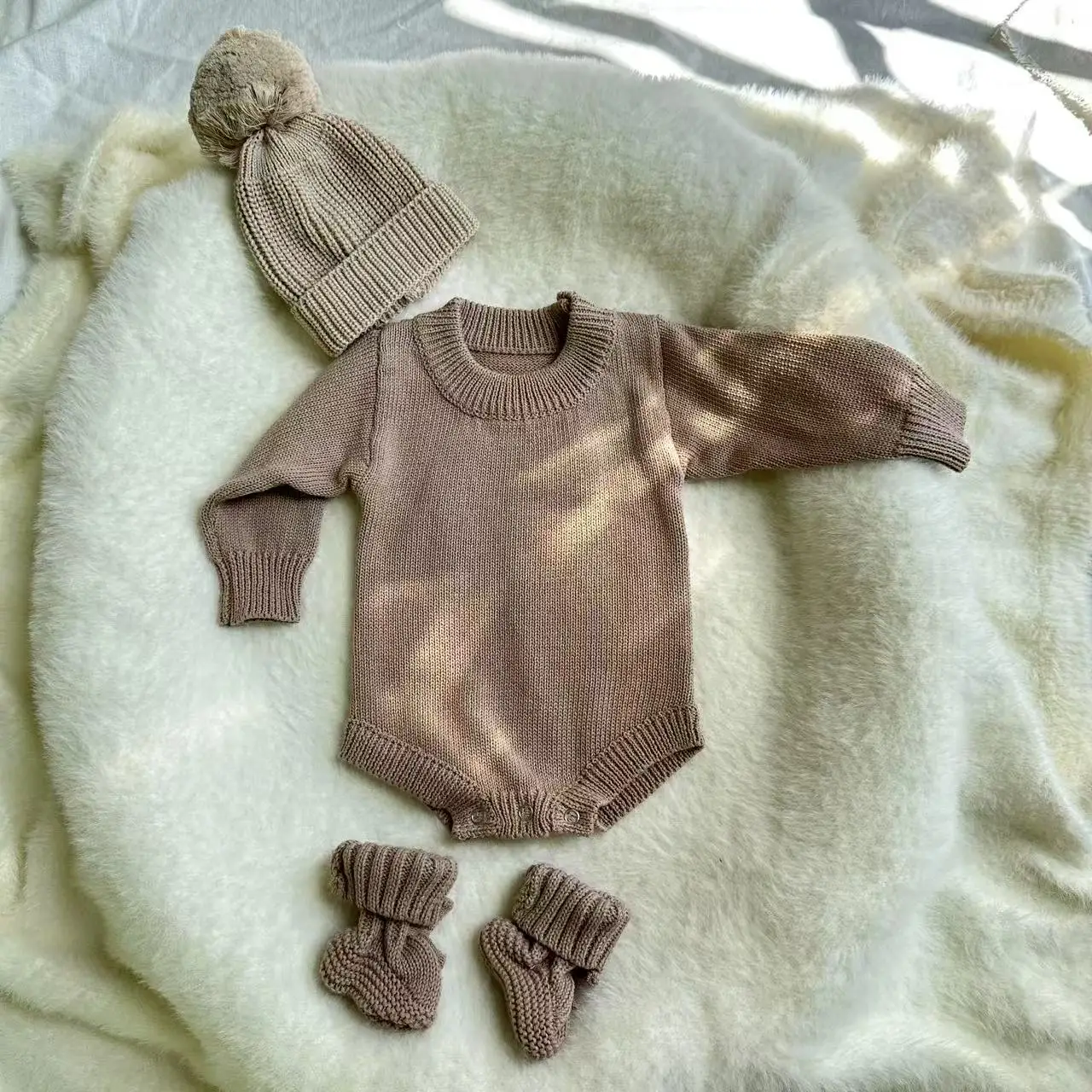 Custom Cozy Unisex Baby 100% Cotton Knitted 3 Pieces Set Long Sleeve Button Romper Newborn Baby Gift - Image 2