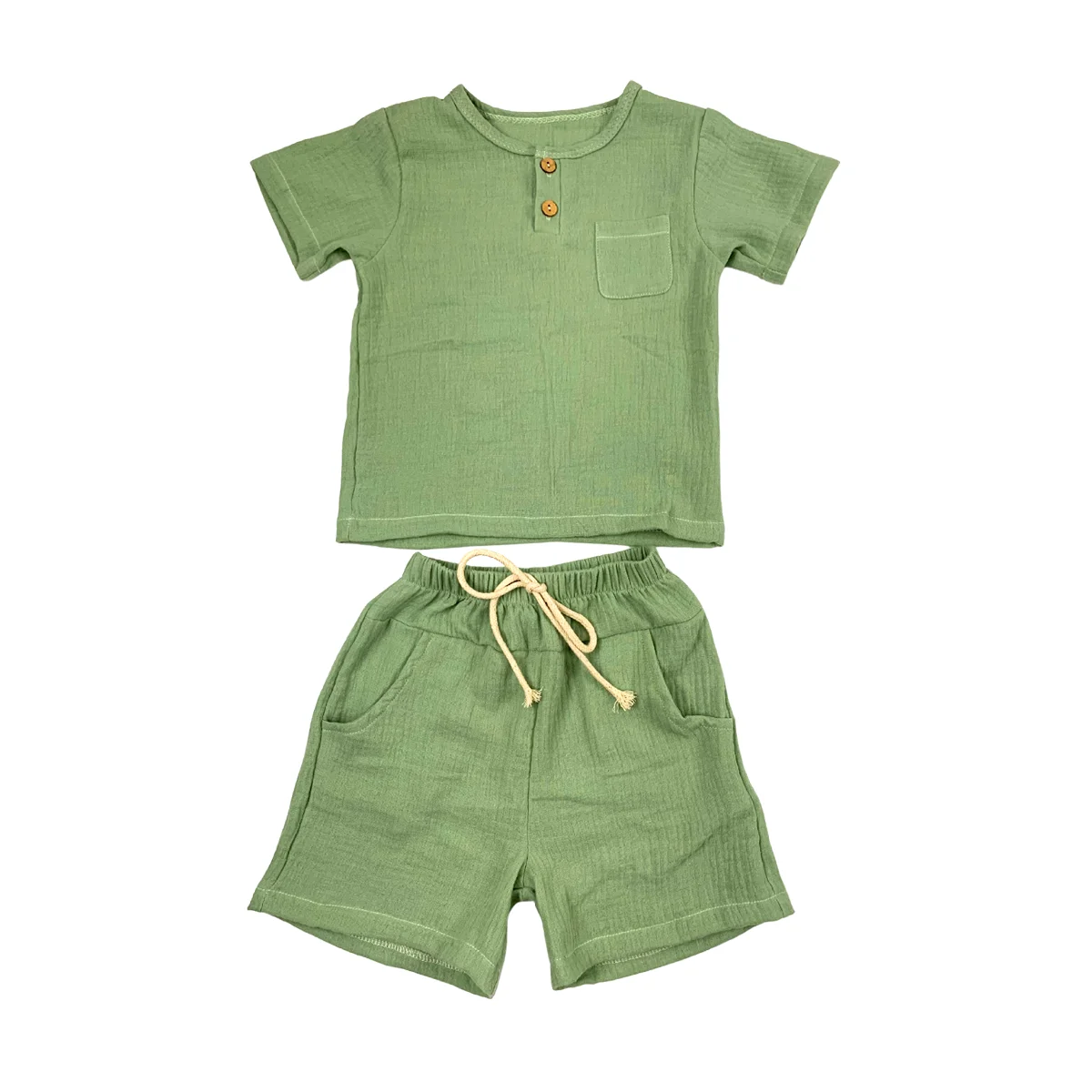 Custom crepe solid color kids summer short-sleeved suit button short-sleeved T-shirt shorts two-piece suit - Image 5
