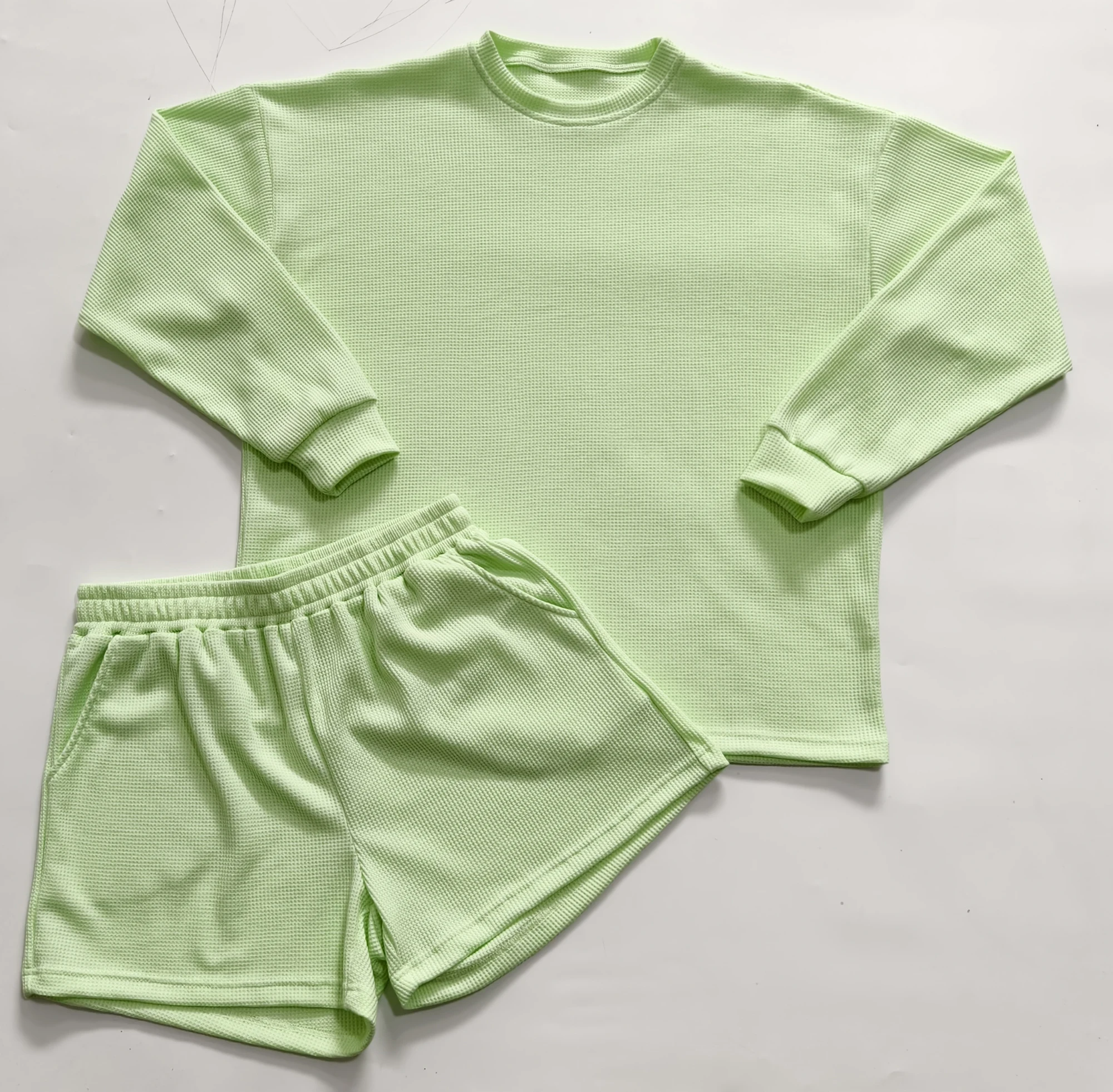 Customizable Trendy Parent-Child Waffle Outfits Soft Close-Fitting Clothing for Family Matching with Shorts Paired - Image 6