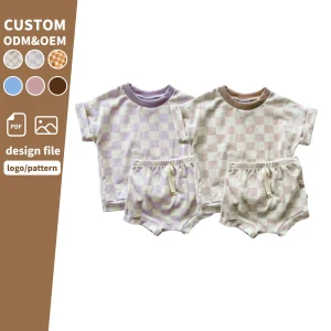 Wholesale Toddler Boys Girls Checkered Baby Clothing Set Short Sleeve and Shorts Knitted Printed Outfit Clothes Set