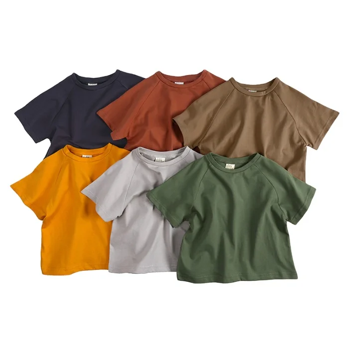 Simple Solid Color Bat Sleeve T-shirt for Boys and Girls with Round Neck and Loose Base Baby Clothes