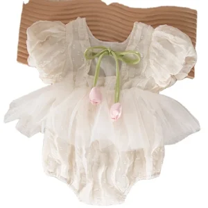 New Product Cotton Short Sleeve Backless Tulip Lace Baby Clothes Rompers for Summer