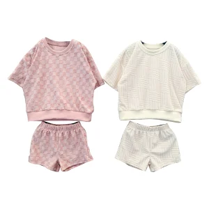 Custom Summer Checkered Baby Towel Fabric 2pcs Short Sleeve Jogger and Short Pants Set