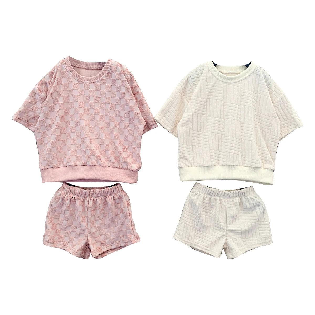 Custom Summer Checkered Baby Towel Fabric 2pcs Short Sleeve Jogger and Short Pants Set