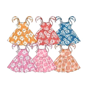 OEM Custom Girl Hawaiian Vacation Style Hibiscus Rosa-sinensis Pattern Milk Silk Girl Sleeveless Princess-style Swing Skirt