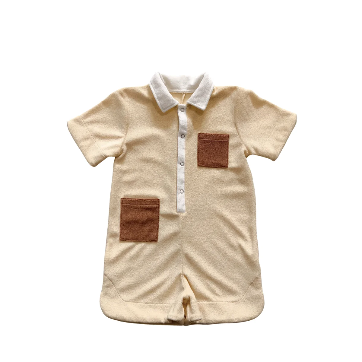 Boutique Custom Toddler Terry Cloth Romper Pocket Color Block Jumpsuit Summer Lovely Popular Toddler Clothing - Image 4