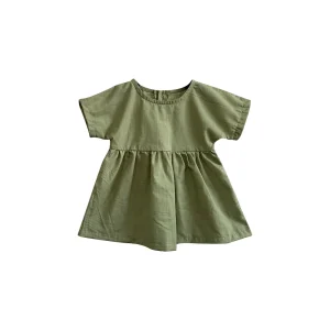 Factory Price Linen Short Sleeve in Olive Green Color Summer Girl Dresses for Toddlers