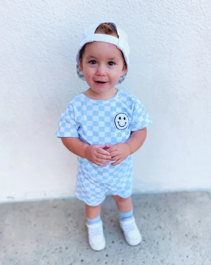 Checkerboard Print and a Little Smile Face Summer Baby Set Short Sleeve Shirt and Shorts Outfit - Image 2