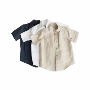 Custom Baby Boys Tee Shirt Linen Cotton Solid Color Short Sleeves Button up T-shirt for Boys Infant Clothes