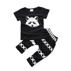 Newborn Clothing Sets Summer Baby Boys Clothes O-Neck Carton Print Black Fashion Kids Suits T-shirt+Pants 0-34Years