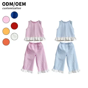Baby Clothing Set for 6-Year-Old Baby Girls Casual Two-Piece Solid Color Soft Summer Seersucker Sleeveless T-Shirt Pants