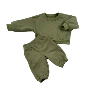 Custom Kids Fall French Terry Solid Round Neck Long Sleeve Baby Kids Toddler Tracksuit Fashion Clothes Set