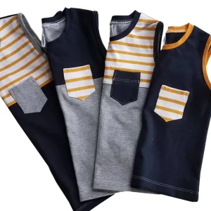New Fashion Summer Baby Boy Striped Color Block tank Shirt Sleeveless Kids Cotton Pocket Tops Baby Ribbed tank Top